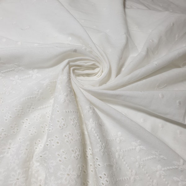 100% Cotton Lawn Soft Broderie Anglaise Embroidery Border Dress Craft Fabric (44" - 112cm wide) - White