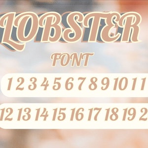 Puede incluir: Un gr&aacute;fico que muestra la fuente "Lobster" en color marr&oacute;n claro con un contorno blanco. La fuente se muestra con los n&uacute;meros del 1 al 20.