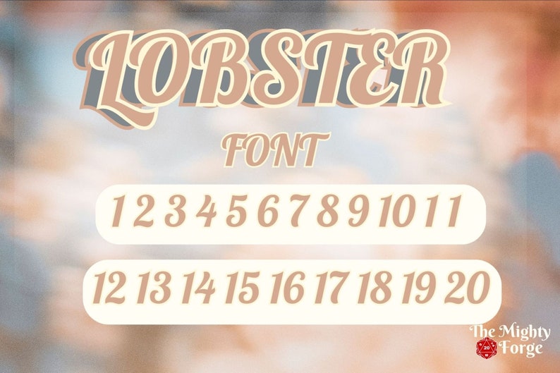 Puede incluir: Un gr&aacute;fico que muestra la fuente "Lobster" en color marr&oacute;n claro con un contorno blanco. La fuente se muestra con los n&uacute;meros del 1 al 20.
