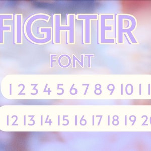 Puede incluir: Una fuente p&uacute;rpura y blanca llamada "Fighter Font" con los n&uacute;meros del 1 al 20 mostrados en la fuente.