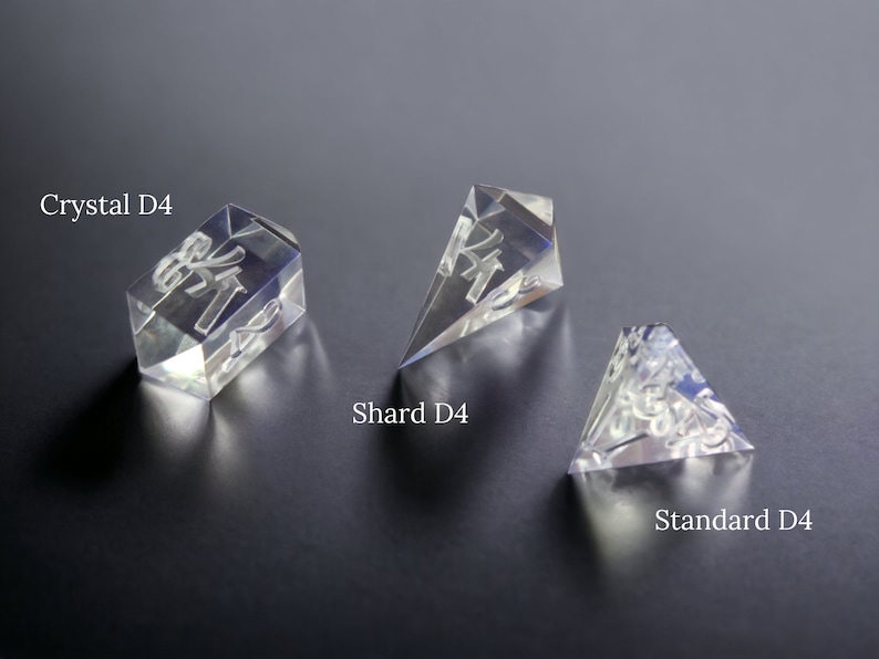 Puede incluir: Tres dados de cristal transparente con diferentes formas y tama&ntilde;os. Los dados est&aacute;n etiquetados como "Crystal D4", "Shard D4" y "Standard D4".