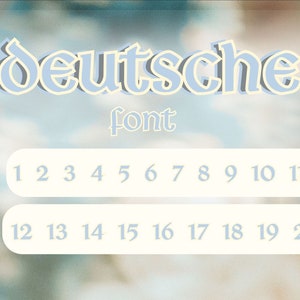 Puede incluir: Un dise&ntilde;o de fuente azul y blanco llamado "deutsche font" con los n&uacute;meros del 1 al 20 mostrados debajo. El fondo es de color azul y marr&oacute;n borroso.