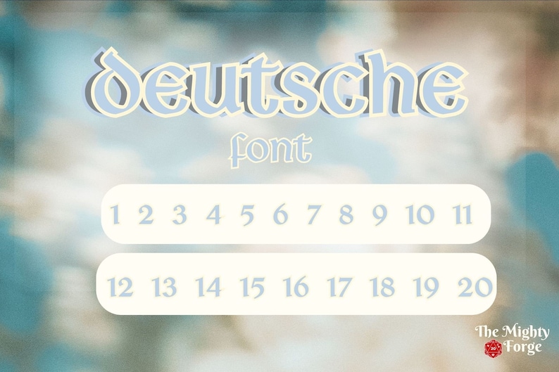 Puede incluir: Un dise&ntilde;o de fuente azul y blanco llamado "deutsche font" con los n&uacute;meros del 1 al 20 mostrados debajo. El fondo es de color azul y marr&oacute;n borroso.