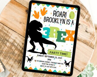 Three-Rex Boys Third Birthday Party Invitation Evite - Editable Custom Digital Printable