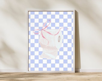 Bows Decor Girl Toilet Paper Roll, Coquette Core Aesthetic, Blue Checkered Preppy Print, Girly Trendy Poster, Bathroom Retro Wall Art Print