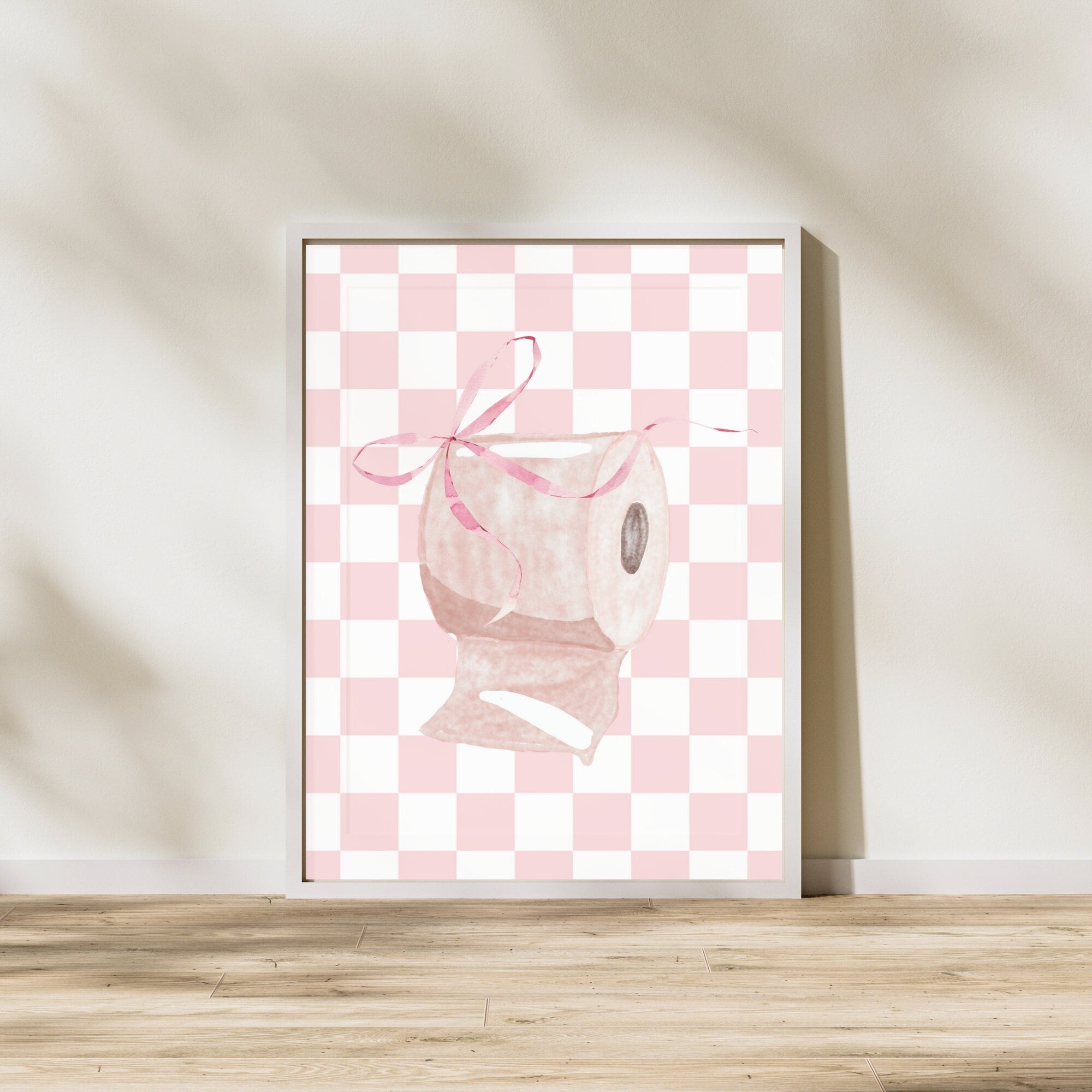 Bows Decor Girl Toilet Paper Roll, Coquette Core Aesthetic, Pink Checkered Preppy Print, Girly Trendy Poster, Bathroom Retro Wall Art Print