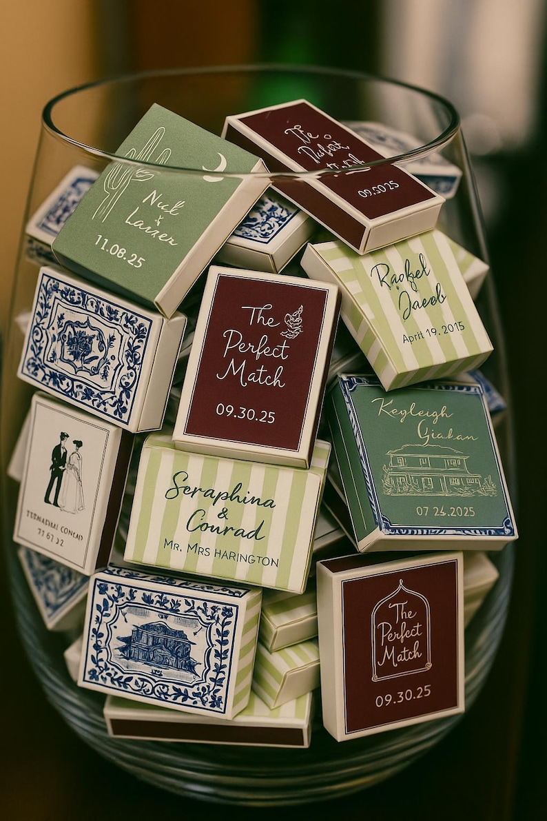 May include: A collection of personalized matchboxes in a clear glass container. The matchboxes feature various designs, including names, dates, and decorative elements. Colors include green, burgundy, and white. The theme suggests wedding favors or event keepsakes.