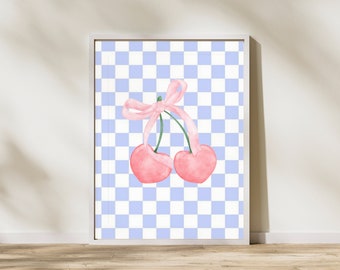 Cherry Decor Girl Checkered Print, Coquette Core Aesthetic, Blue Checkered Preppy Print, Girly Trendy Poster, Bedroom Retro Wall Art Print