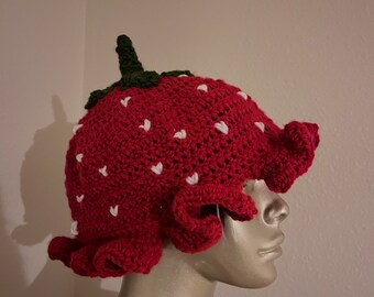 Handmade Strawberry Crochet Bucket Hat For Women & Girls - Knitted Fishing Hat, One Size Fits 50-60cm