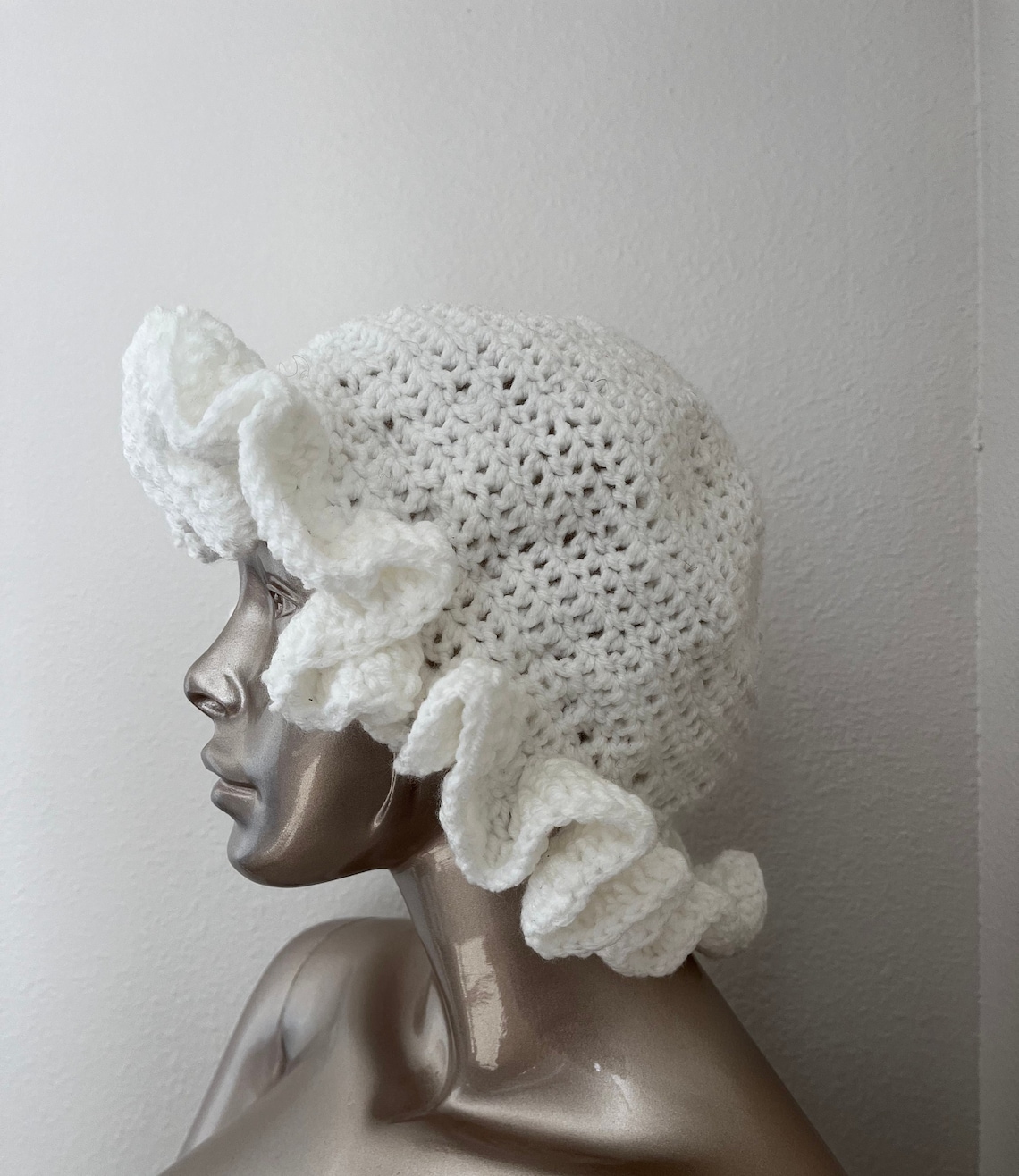 White Crochet Ruffle Bucket Hat Etsy