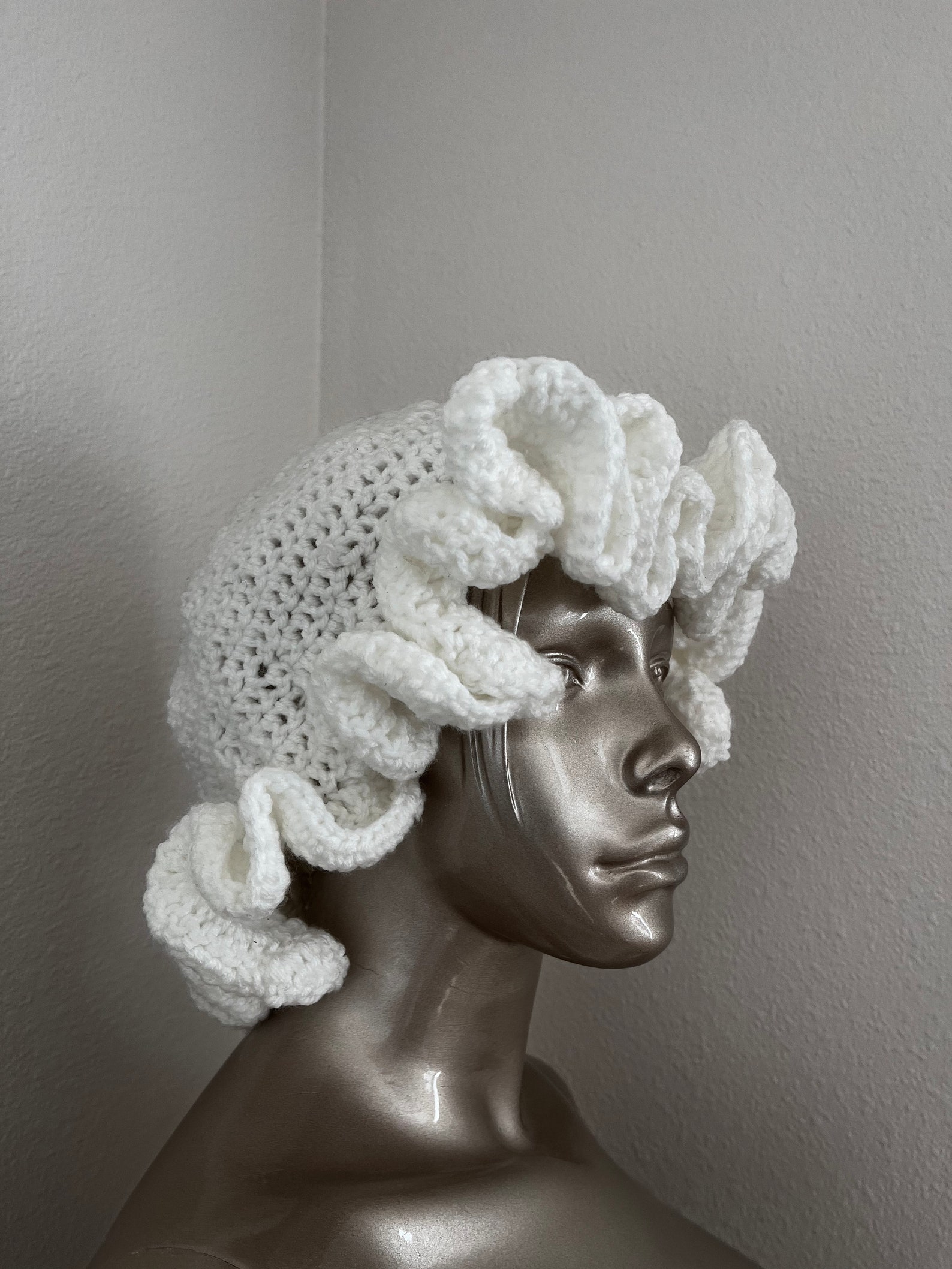 White Crochet Ruffle Bucket Hat Etsy