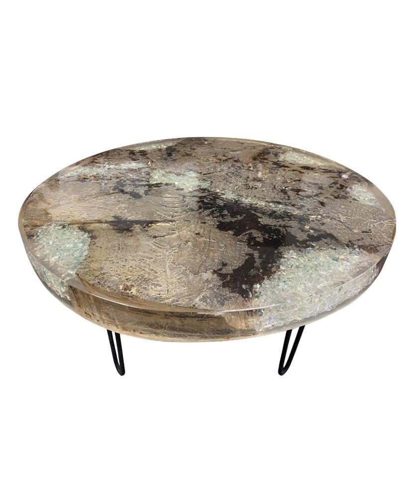 Table Basse World's Art en Teck et Résine Transparente-Grise