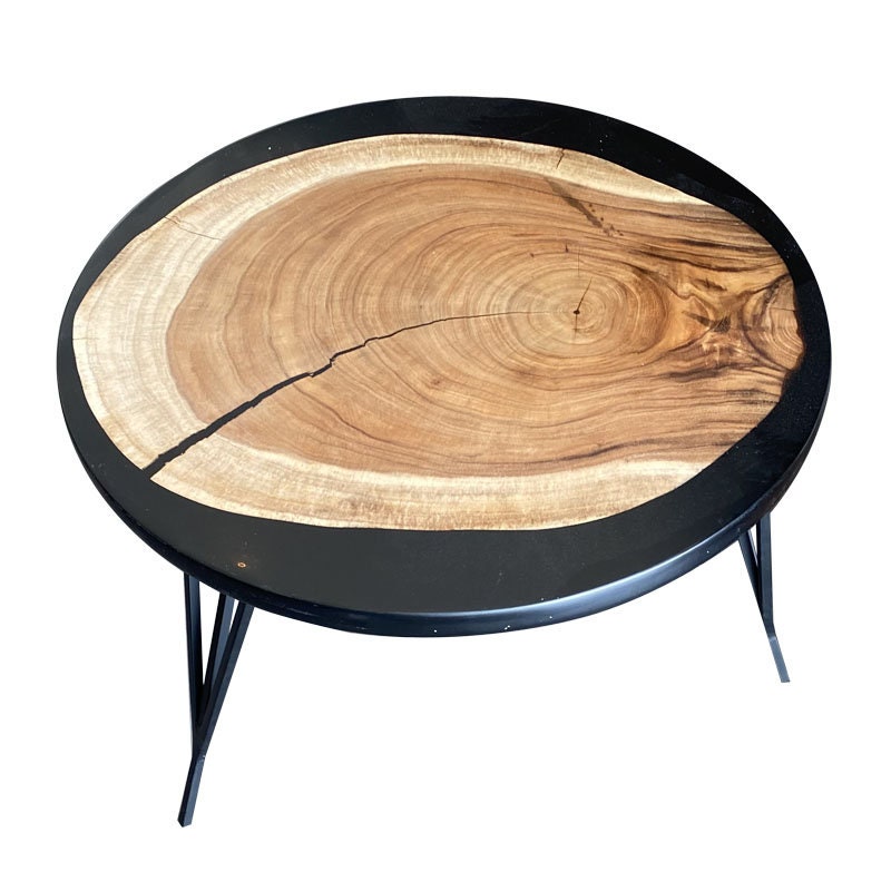 Table Basse Ronde en Bois de Suar et Résine Noire