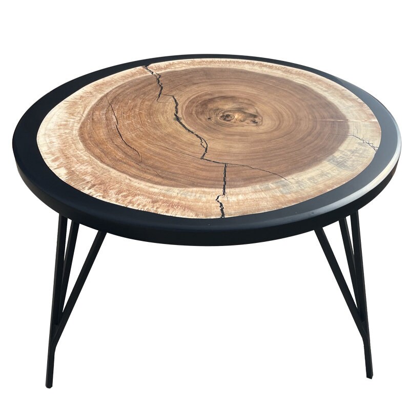 Table Basse Ronde en Bois de Suar et Résine Noire