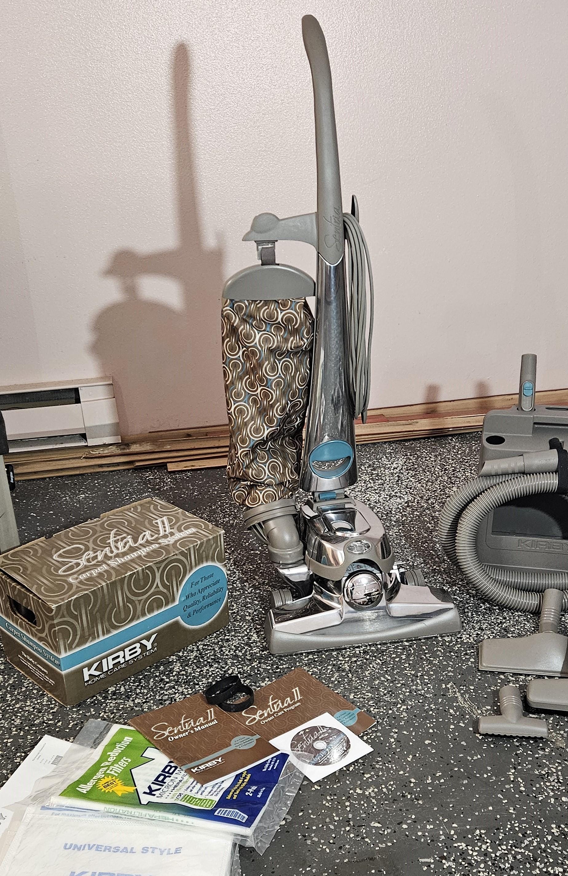 Excellent Kirby Sentria II Vacuum 10 Extra Attachments Owners Manual Hepa Bags and Complete Carpet Shampoo System Original Box