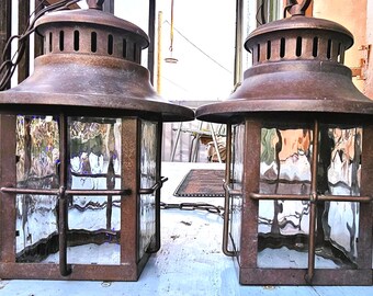 Vintage Water Art Glass Panes w/Brass Cage and Metal Outdoor'8'Swag Chain Pendant Pair of Lanterns