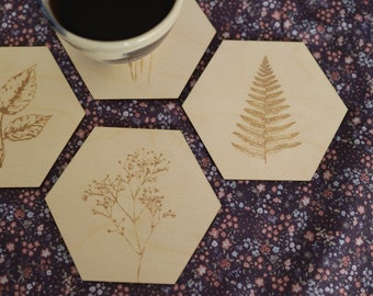 Wooden Coasters Set, Floral Coasters, Minimalist