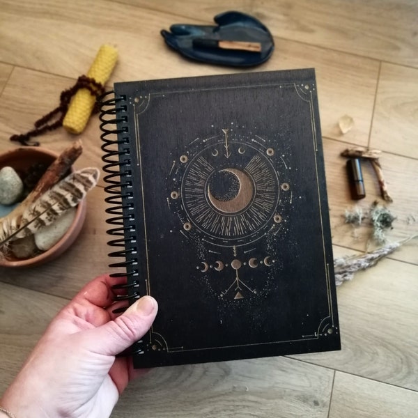Engraved Wood notebook, Moon journal