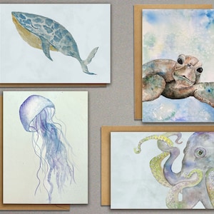Sealife Notecards | Watercolor Prints | | Whale, Sea Turtle. Jellyfish, Octopus | Set of 8