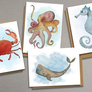 Nautical Notecards-Set of 8 | Watercolor Prints | Octopus | Seahorse | Red Crab | Whale | Greeting Card