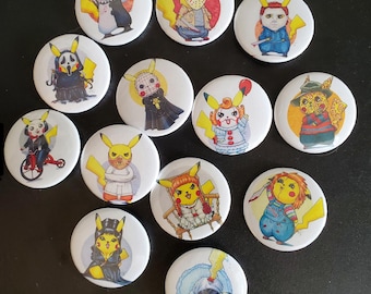 Horrorchu Button Pins - Horror Icons, Pikachu, Elvira, Freddy, Chucky, Ghost Face, Saw, Pennywise, The Ring, Annabelle, Terrorizor, Mashup