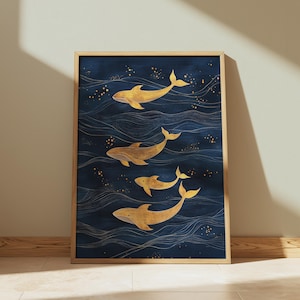 Golden Tides: Gold Whale Art Print | Ocean Print | Navy Blue Sea Art | Coastal & Nature-Inspired Wall Decor | Whale Artwork