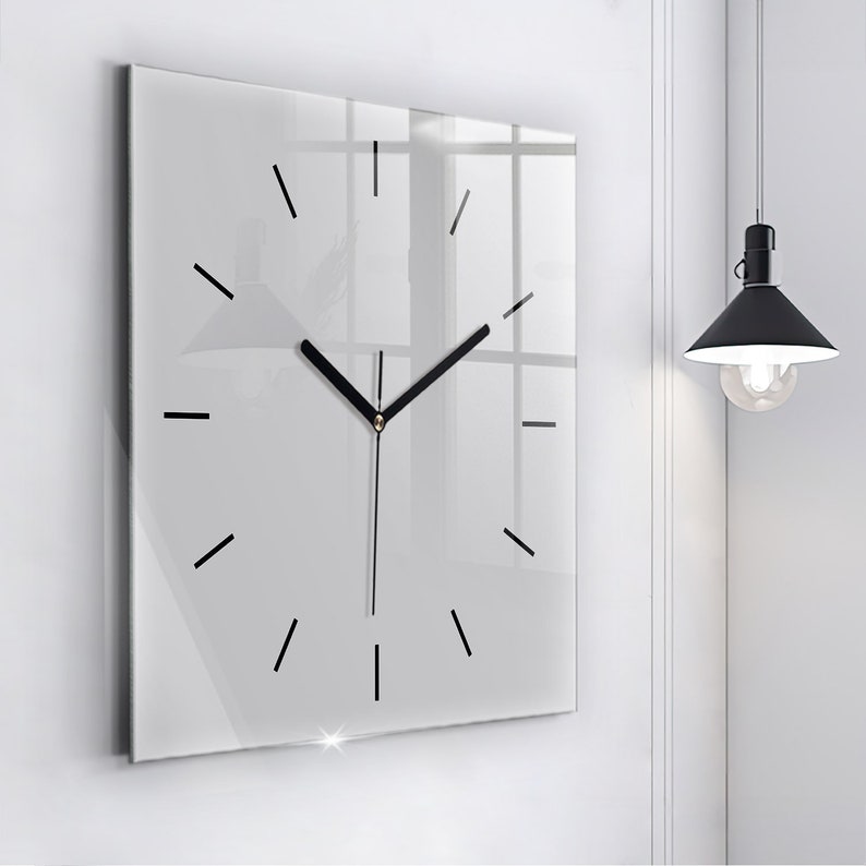 Reloj de cristal gris claro, reloj minimalista gris claro, reloj de pared de color sólido, reloj personalizado, números o líneas imagen 1