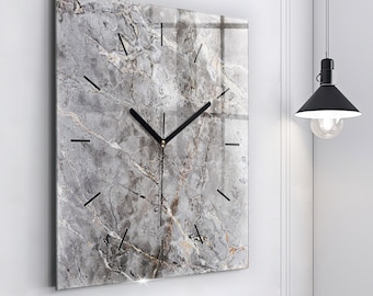 Horloge en verre de marbre de granit gris, horloge suspendue grise, horloge imprimée abstraite, horloge personnalisée, chiffres ou lignes