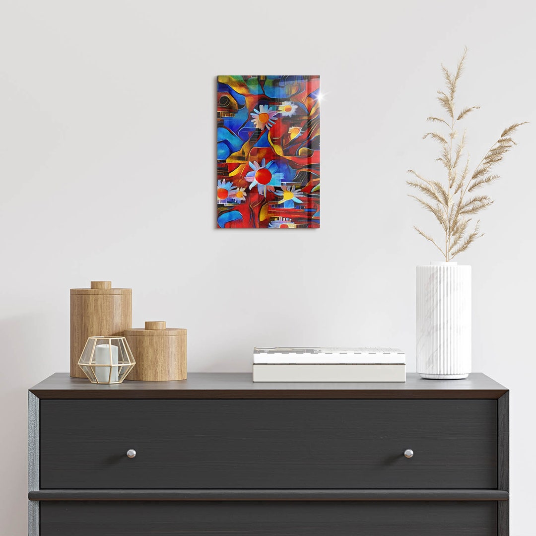 Cubism Art Colorful Flowers Tempered Glass Print, Multicolor Wall Art ...