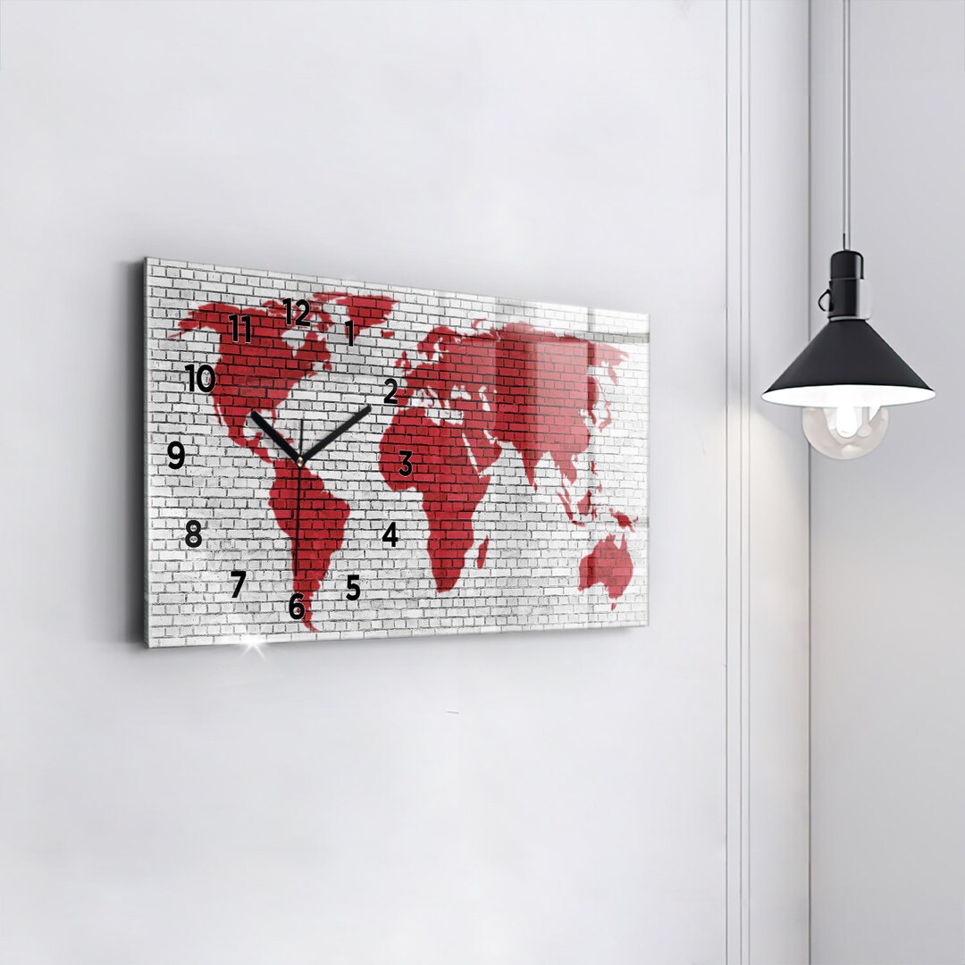 Modern Map Clock Brick Wall Map of the World Modern Wall Clock, Red Glass Clock, Map ...