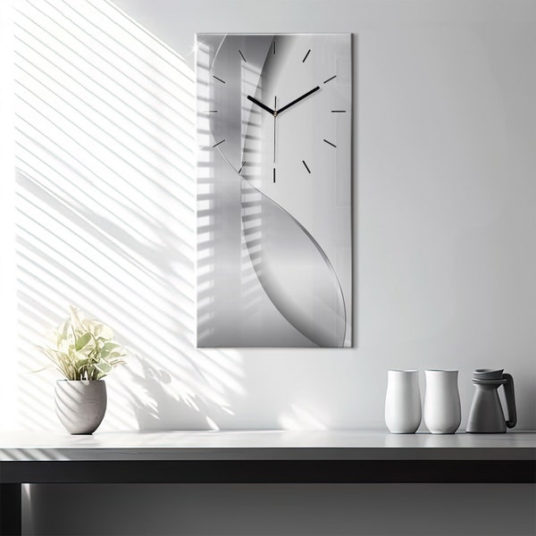 Horloge minimaliste d’abstraction argentée, horloge en verre blanc, horloge suspendue de nature, horloge décorative horizontale, collection de nombres ou de lignes