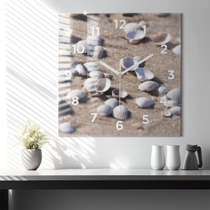 Shells on the beach Glass Clock, White Wall Clock, Nature Hanging Clock, Personalized Clock, Numbers or Lines Collection