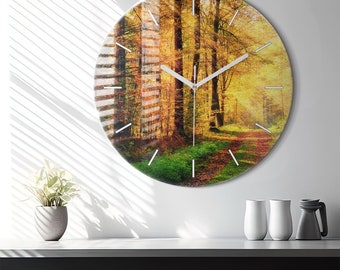 Reloj de cristal con paisaje de bosque otoñal, reloj de pared moderno verde, reloj minimalista de la naturaleza, reloj de pared personalizado, números o líneas