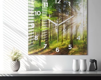 Reloj de cristal del bosque oriental, reloj de pared moderno verde, reloj minimalista de la naturaleza, reloj de pared personalizado, colección de números o líneas