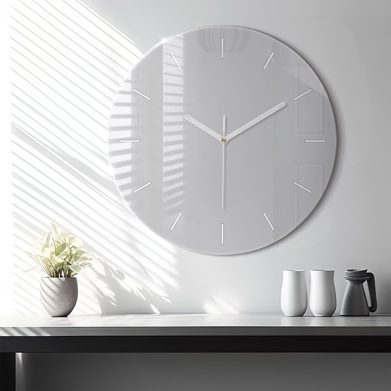 Reloj de cristal gris claro, reloj minimalista gris claro, reloj de pared de color sólido, reloj personalizado, números o líneas imagen 2