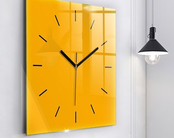 Horloge en verre jaune foncé, horloge imprimée jaune foncé, horloge murale moderne de couleur unie, horloge personnalisée, chiffres ou lignes