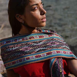 Turquoise and red Peruvian Handwoven Alpaca Scarf / Andean Ceremony Scarf / Fair trade and handwoven by indigenous women