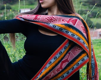 Bufanda peruana de alpaca tejida a mano / Bufanda de ceremonia andina / Mantel peruano colorido
