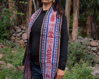 Bufanda de alpaca peruana: Animales sagrados y hoja de coca / Bufanda para ceremonias espirituales