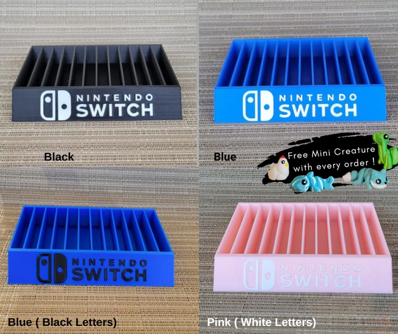 May include: A collection of Nintendo Switch game organizers in black, blue, and pink. Each organizer features vertical slots for game cartridges and the Nintendo Switch logo. The image also includes the text "Free Mini Creature with every order!"