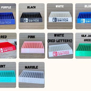May include: A collection of Nintendo Switch game cartridge holders in various colors, including blue, black, white, red, pink, green, and mint. Each holder features the Nintendo Switch logo and text.