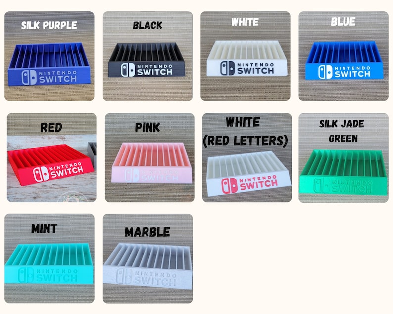 May include: A collection of Nintendo Switch game cartridge holders in various colors, including blue, black, white, red, pink, green, and mint. Each holder features the Nintendo Switch logo and text.