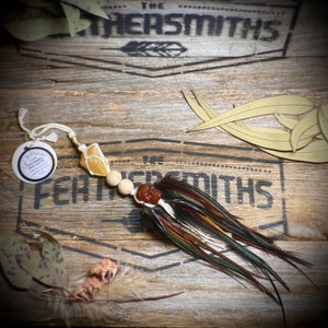 Crystal and Feather Keychain Macrame - Long Healing Crystal Bright Wall Art - Boho Eclectic Home Decor - Crystal and Feather Decorations
