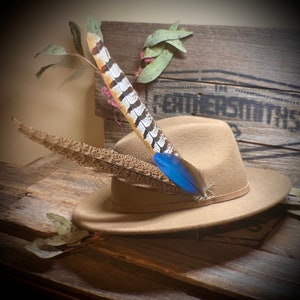 Large Gold, Red and Beige Pheasant Hat Feather - Blue Macaw Parrot Hat Feather - Boho Feather Hat Accessory - Large Wedding Hat Feather Pin