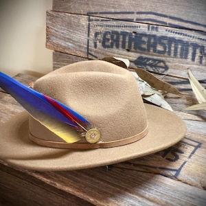 Long Blue and Gold Macaw Hat Feather - Red Boho Hat Feather - Wedding Feather Hat Accessory - Real Feather Hat Accessories