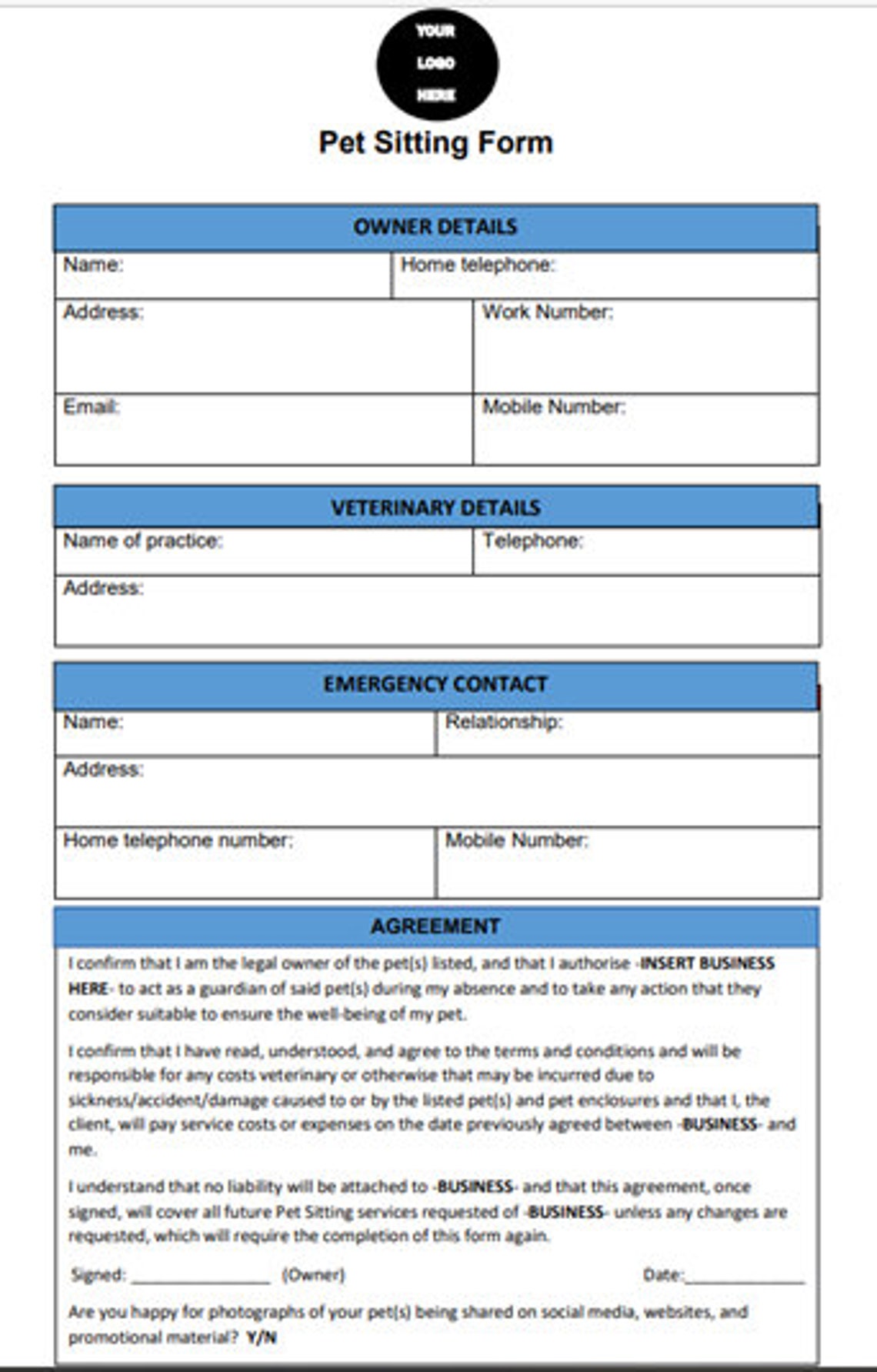 Pet Sitting Business Form Digital Download Template Pet Etsy