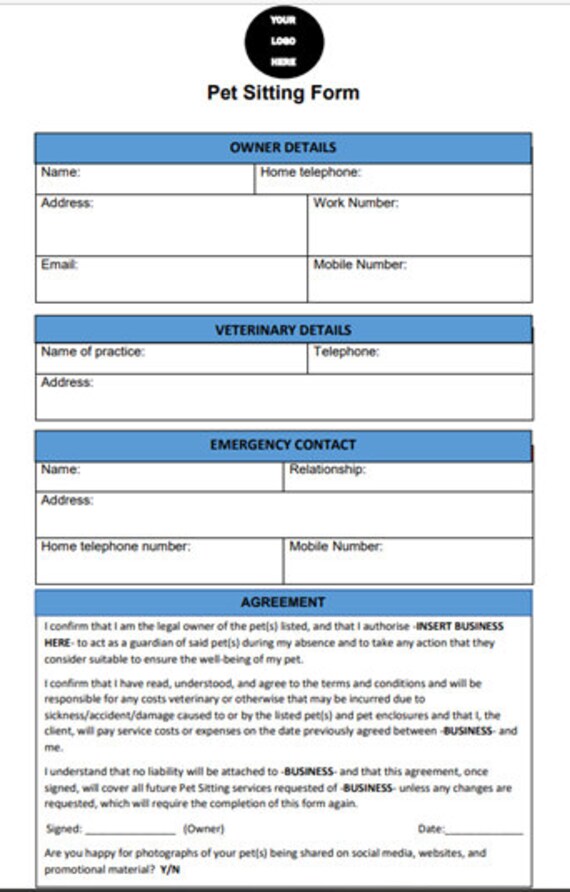 Pet Sitter Pet Sitting Business Form Pet Care Start Your Own Business
