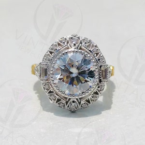 Vintage Antique Ring, 4 CT White Round Cut Diamond Engagement & Wedding Ring, Yellow Rhodium Art Deco Plated Ring, 925 Sterling Silver Ring