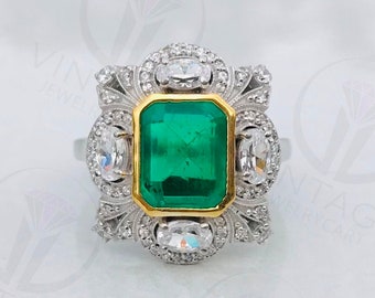 3.75 CT Vintage Green Emerald Lab Diamond Estate Cocktail 925 Sterling Silver Ring For Women, Art Deco Engagement Ring, Wedding Gift For Her
