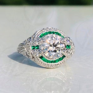 1930s Art Deco Vintage Old European Diamond & Emerald CZ Halo Engagement Ring In 935 Argentium Silver, Antique Ring, Estate Fine Jewelry